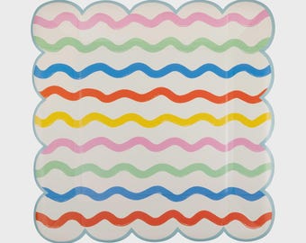 May include: A square plate with a scalloped edge and a white background. The plate features horizontal wavy stripes in various colors, including pink, green, blue, orange, and yellow. The edge of the plate is light blue.