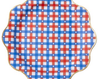 Red & Blue Gingham Star Dinner Plates | 4th of July Dinner Plates | Patriotic Paper Plates