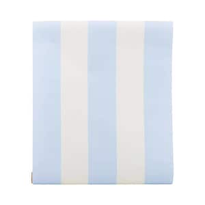 May include: A roll of wallpaper featuring vertical stripes in alternating light blue and white. The stripes are of equal width, creating a classic and clean design. The wallpaper is rolled up, showing the pattern.