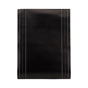 May include: A black, rectangular mat with two vertical white lines, each with a dotted line running down the center. The mat is likely made of a durable material and is suitable for various uses.