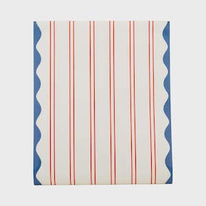 May include: A folded rectangular piece of paper with a white background and vertical red stripes. The edges are bordered with a wavy blue design. The paper is likely for wrapping gifts or other decorative purposes.