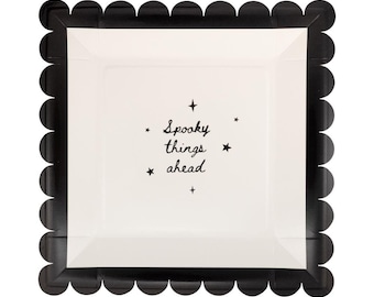 Halloween Scalloped Paper Plates | Dinner Plates with Black SPOOKY THINGS AHEAD, 8 Pack, 9"