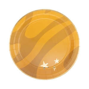 May include: A round, disposable paper plate with a wavy, striped pattern in shades of gold and brown. Two white star shapes are printed near the bottom. The plate has a scalloped edge.