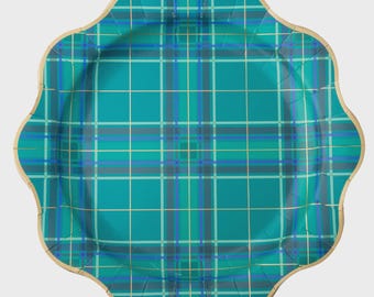 Green Plaid Christmas Dinner Plates Tartan Scalloped Paper Gold Set of 8 11 Inch