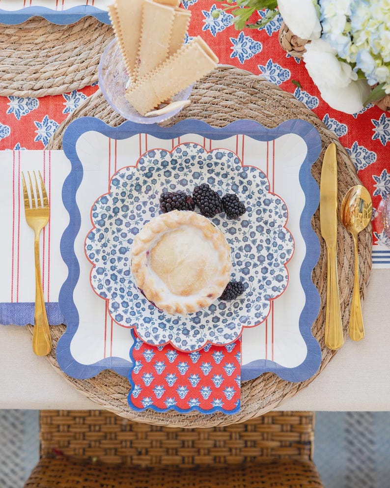 Ditsy Table Setting Blue Ditsy Floral Scalloped Paper Plates, Garden Party, Bridal Shower ...