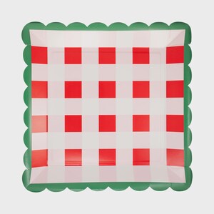 May include: Square paper plate with a red and white checkered pattern, reminiscent of a picnic blanket. The plate has a scalloped green border, adding a decorative touch. Perfect for outdoor gatherings and themed parties.