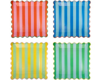 May include: Four square paper plates with scalloped edges. The plates are decorated with colorful stripes in pink, orange, blue, green, yellow, and light blue.
