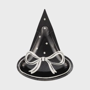 May include: A black and white witch hat-shaped party plate. The plate features a white bow and white stars on the black cone. The rim of the plate has a white border. Perfect for Halloween or themed parties.