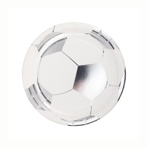 May include: A round, white paper plate with a soccer ball design. The soccer ball pattern is created with silver metallic foil accents. The plate is designed for party use.