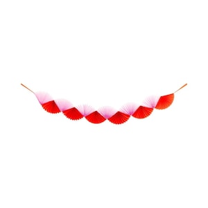 May include: A decorative garland featuring alternating red and pink paper fan shapes. The garland is strung together with thin, brown string, creating a festive and eye-catching design. Perfect for parties and celebrations.