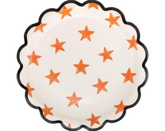 Halloween Star Paper Plates | Orange Stars, Black Scalloped Edge, Set of 8