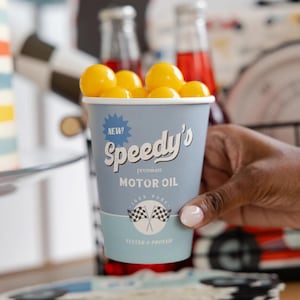 Race Car Birthday Cups – Speedy Motor Oil Party Decor