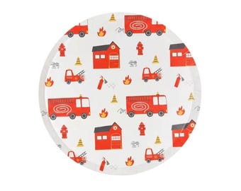 Firetruck Dessert Plates | Firetruck Party Plates | Firefighter Birthday Plates