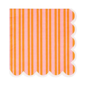 May include: A square paper napkin with a pink background and vertical orange stripes. The napkin has a scalloped edge with a white border. This decorative napkin is suitable for parties and events.