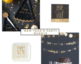 New Year&#39;s Party Kit - Happy New Year&#39;s Plates, NYE Party Decor, New Years&#39;s Eve Plates, Metallic Gold NYE, Disposable New Year&#39;s Plates
