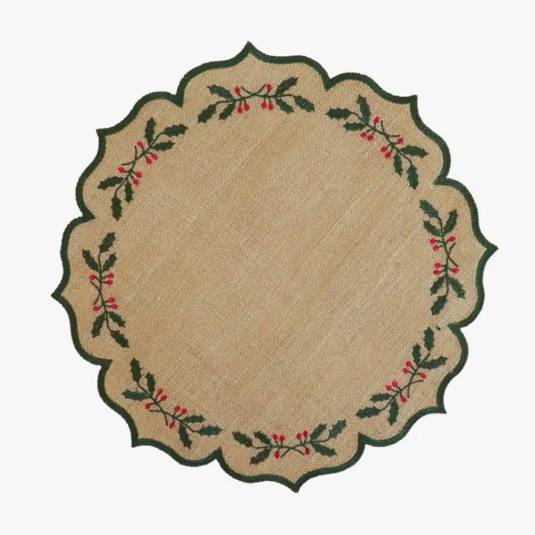 Round Burlap Christmas Placemats, Holly Embroidered Placemats