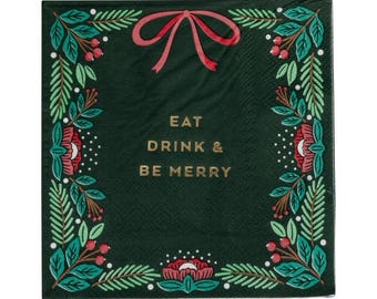 Eat, Drink and Be Merry Christmas Cocktail Napkins, Set of 24 | Christmas Napkins, Paper Christmas Napkins, Disposable Christmas Napkins