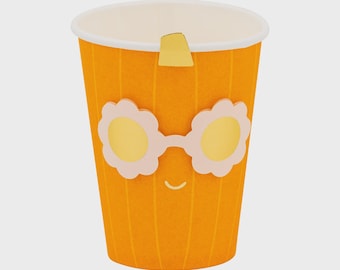 Groovy Pumpkin Halloween Party Cups: Retro Daisy Sunglasses, Gold Accents, Set of 8