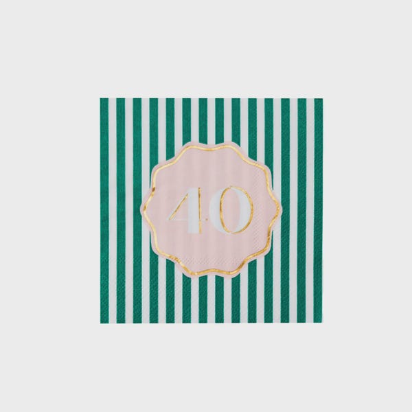 40th Birthday Cocktail Napkins | Green Stripe, Gold Foil Milestone Party Supplies