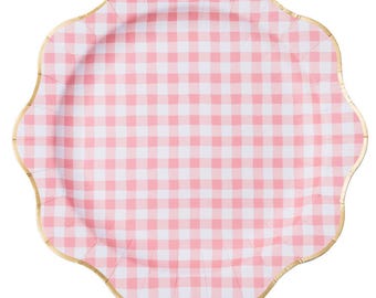 Petal Pink Gingham Plates - Gold Scallop Rim, 11" Party Plates (Set of 8)