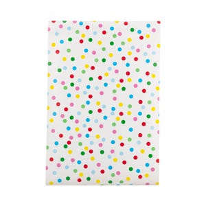 May include: White wrapping paper with a colorful polka dot pattern. The dots are red, yellow, blue, green, and pink.