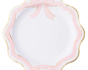 Pink Gold Bow Dinner Plates | Scalloped Edge Party Tableware