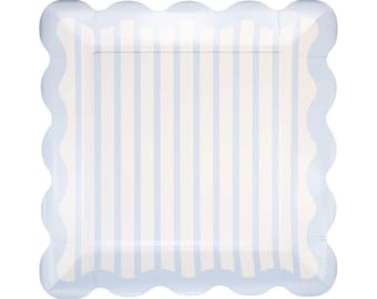Blue Striped 10" Scalloped Square Plate | Baby Shower Plates | Blue Baby Shower Decor | Striped Party Plates