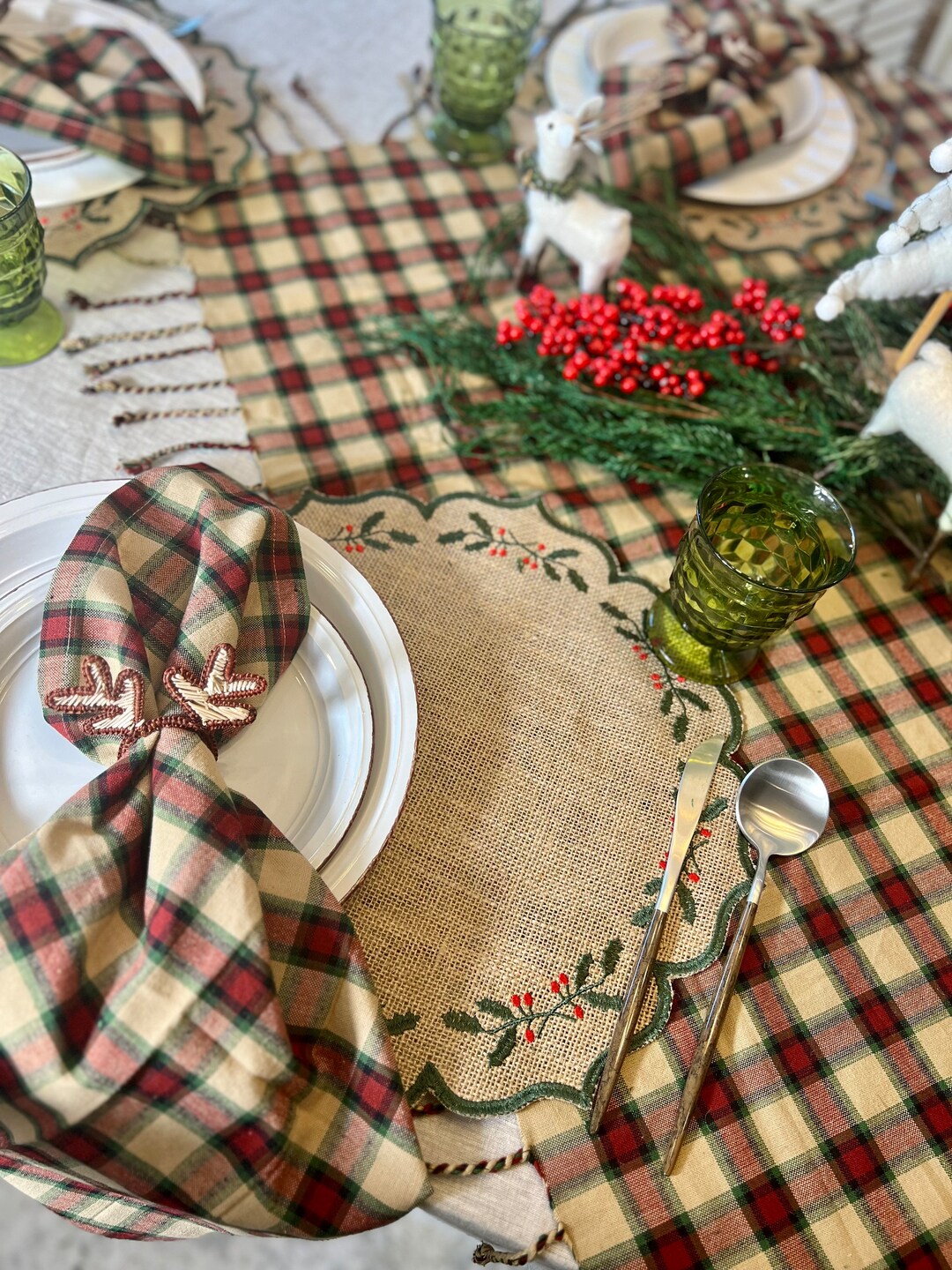 Round Burlap Christmas Placemats, Holly Embroidered Placemats