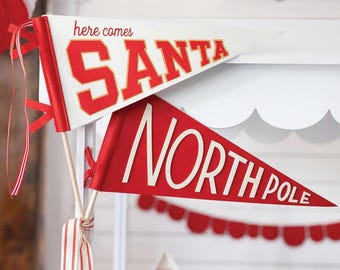 Here Comes Santa Felt Pennant | Christmas Centerpiece, Hot Cocoa Bar Decor, Kids Christmas Party, Christmas Flag, Believe Collection