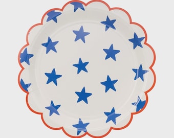 Blue Stars Scalloped Paper Plates: Patriotic Americana Dinnerware (Pack of 8)