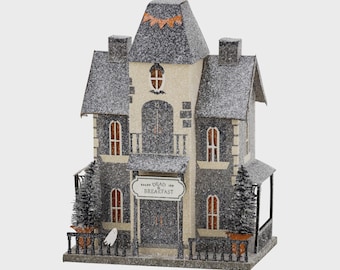Light-Up Haunted House Village Decor – Vintage Glitter Putz, Spooky Mantel Shelf Decoration