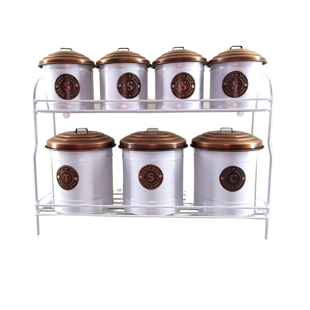Set of 7, Kitchen Pantry Storage Set, Galvanize Spice Canister Rack