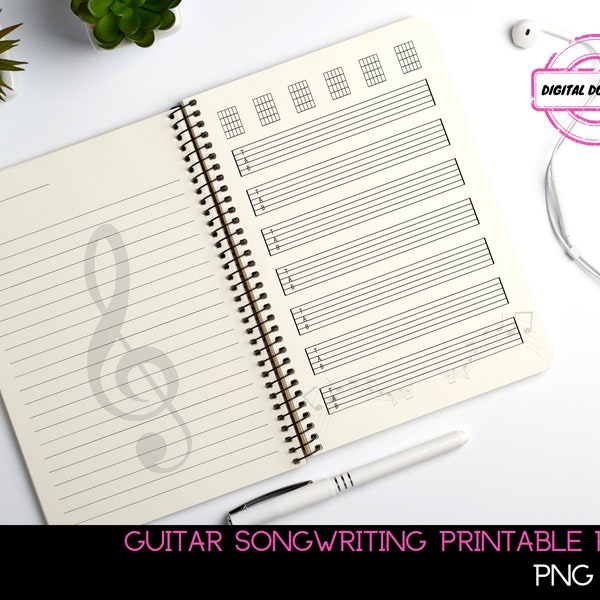 Guitar Songwriting Printable Pages,Guitar Songwriting Notebook,Songwriters Notebook,Songwriting Journal,Musician Journal,Staff & Lyric Paper