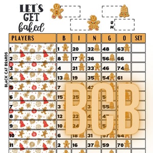 Op de afbeelding: Een gingerbread-thema bingo kaart met een feestelijk kerstontwerp. De kaart bevat de nummers 1-75, gingerbread poppetjes, bellen en kerstboom. De tekst "Let's Get Baked" staat bovenaan de kaart. De tekst "Black Cat Boards" staat aan de linkerkant van de kaart. De tekst "Balanced for Houdini" staat onderaan de kaart.