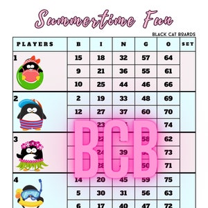 Könnte beinhalten: Ein farbenfrohes Spielbrett mit Pinguin-Motiv. Das Brett hat fünf Reihen und sechs Spalten. Jede Reihe ist mit einer Zahl von 1 bis 5 beschriftet. Jede Spalte ist mit einem Buchstaben beschriftet: B, I, N, G, O und SET. Das Brett ist mit Zahlen gefüllt. Das Brett ist für ein Bingospiel konzipiert.