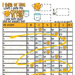 Peut inclure: Un jeu de bingo imprimable sur le thème des biscuits et du lait. La carte comporte 15 cases avec les numéros 1 à 75. Le jeu s'appelle "Je pense à toi quand je trempe mes biscuits dans le lait. Je les tiens sous l'eau jusqu'à ce que les bulles s'arrêtent."
