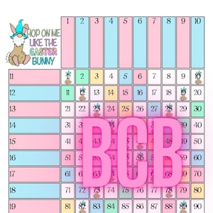 Könnte beinhalten: Ein 100-Quadrat-Gitter mit den Zahlen 1 bis 100 im Osterhasen-Design in Rosa und Blau. Das Gitter ist in 10 Reihen und 10 Spalten unterteilt. Die Quadrate wechseln sich in Rosa und Blau ab. Das Gitter ist von einem schwarzen Rand umgeben. Der Text "Hop on me like the Easter Bunny" befindet sich oben auf dem Gitter. In der oberen linken Ecke des Gitters befindet sich ein kleiner Osterhase mit einem blauen Hut.