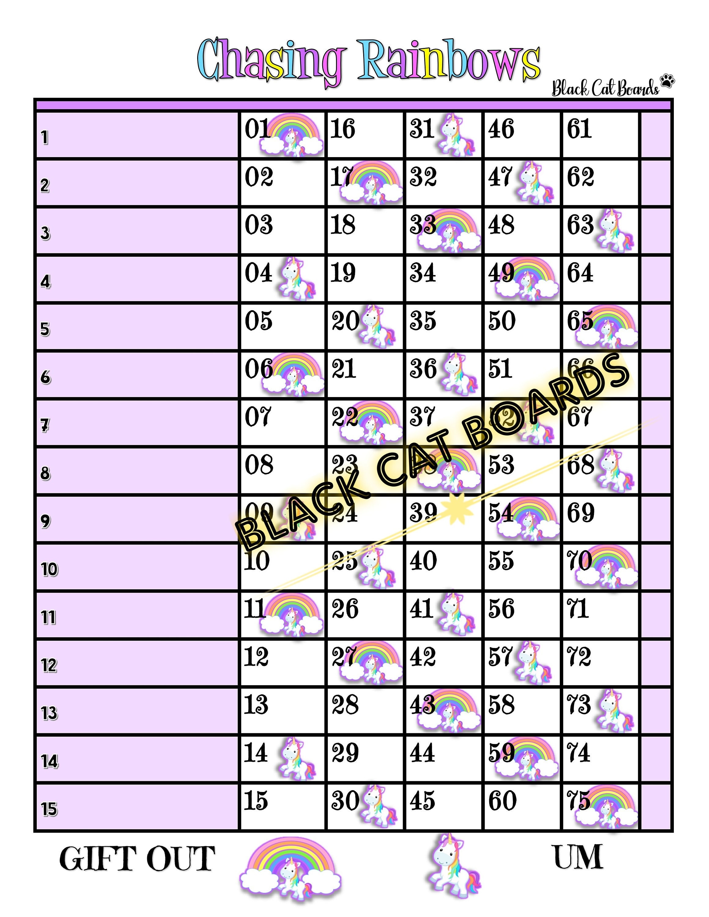 2 Bingo Sheets - Unicorn 15 Line 75 Ball Mixed & Straight Boards BOTH included in download