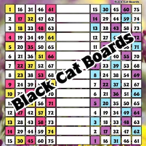 Puede incluir: Un tablero de juego de bingo Double Action colorido con un borde floral. El tablero presenta cuadrados numerados en formato de cuadrícula, con el texto "Double Action Bingo" en la parte superior y "Black Cat Boards" en el centro. Los números están dispuestos en filas y columnas.
