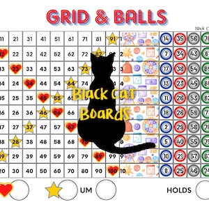 May include: A black cat silhouette on a white background with a grid of numbers from 1 to 100. The grid is surrounded by a colorful pattern of balls, stars, and other symbols. The text "GRID & BALLS" is at the top of the image. The text "Black Cat Boards" is in the center of the image. The text "UM" and "HOLDS" are at the bottom of the image.