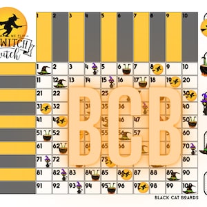May include: A black cat themed bingo game board with a yellow and gray grid. The board has numbers 1 to 100. The game includes images of witches, black cats, cauldrons, and moons. The text "Don't Make Me Flip - My Witch Switch" is at the top of the board. The text "Black Cat Boards" is at the bottom of the board.