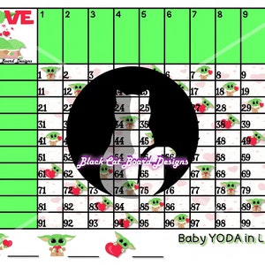 Peut inclure: Une carte de bingo imprimable verte et blanche avec les mots "Baby Yoda in Love" en bas. La carte a une grille de 100 cases, chacune avec un numéro de 1 à 100. Les cases sont remplies d'images de Baby Yoda tenant un cœur.