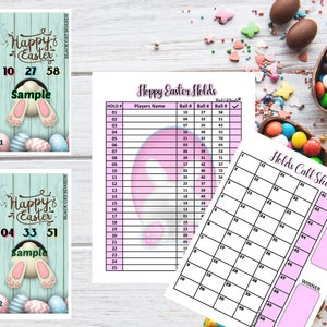 May include: Two Easter bingo cards with a bunny rabbit peeking out from behind a wooden door. The cards are blue and green with the words "Happy Easter" and "Sample". The cards have the numbers 10, 27, 58 and 04, 33, 51.