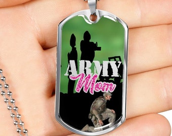 Army Mom Graphic Dog Tag with Military Chain Necklace
