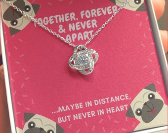 Together Forever & Never Apart, Pug Themed Message Card, 14K White Gold, CZ Love Knot Pendant Gift Box Meaningful Message Card Gift Necklace