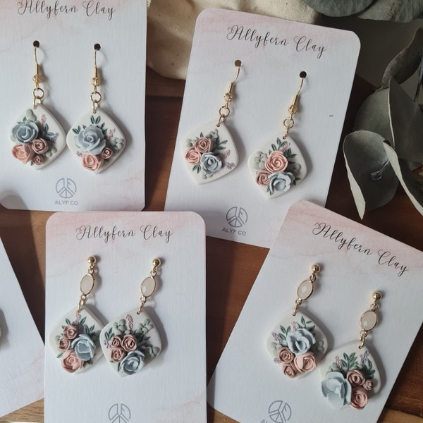 Floral polymerclay earrings with moonstone / dangle, Gifts for Her, Statement Earrings