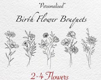 Geboortemaand bloemontwerp | Gepersonaliseerde aangepaste bloemenboeketcommissie | Familielijnkunst Tattoo | 2-4 bloemen | Minimalistisch printcadeau