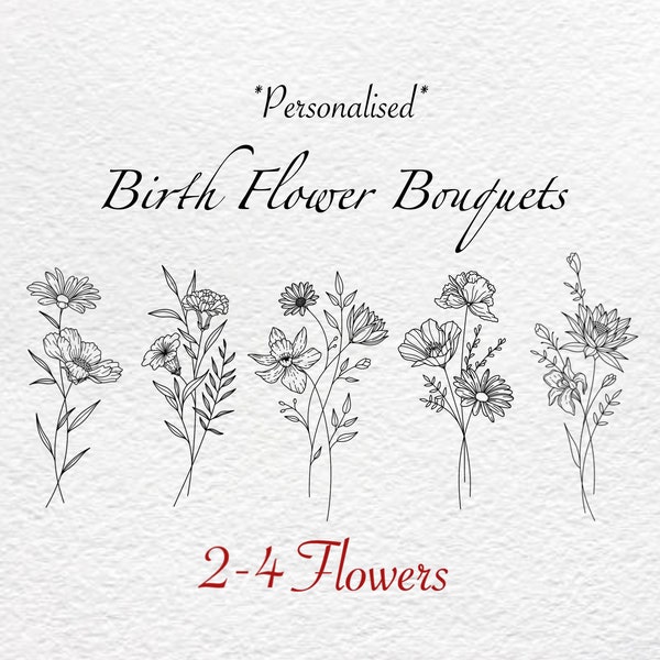 Fleurs pour mois de naissance | Commission de bouquet floral personnalisé personnalisé | Tatouage familial dessin au trait | 2-4 Fleurs | Cadeau imprimé minimaliste