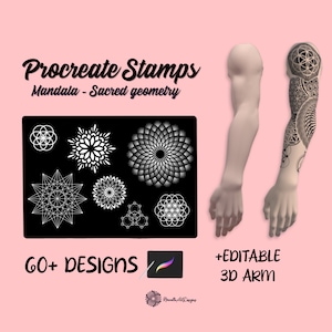 May include: Digital Procreate Stamps featuring mandala and sacred geometry designs. The image shows a black rectangle with white geometric patterns and a 3D arm with tattoo designs. Text includes "Procreate Stamps", "Mandala - Sacred geometry", "60+ Designs", and "+Editable 3D Arm".