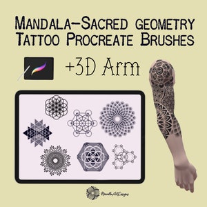 May include: A digital tablet screen displaying six black and white geometric mandala designs. The tablet is on a light yellow background. A 3D arm with a black and white mandala tattoo is on the right side of the image. The text "MANDALA-SACRED GEOMETRY TATTOO PROCREATE BRUSHES + 3D Arm" is at the top of the image.